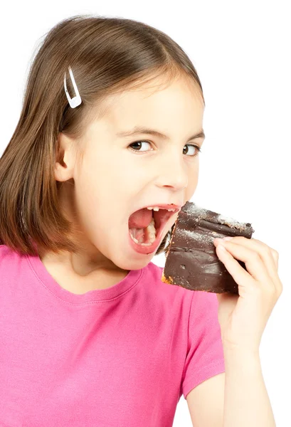Little girl witch chocolate cake — Stock Photo, Image