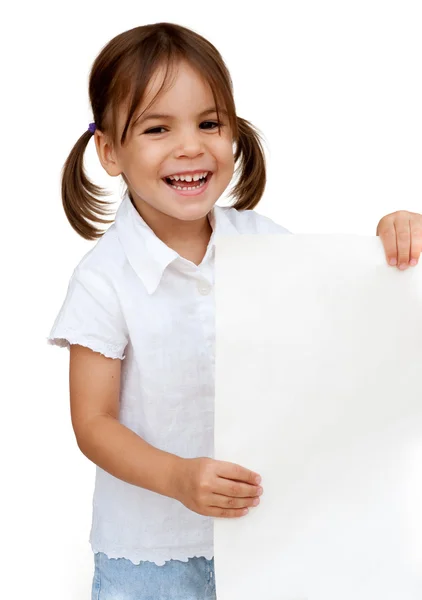 Little girl holding a white banner — Stock Photo, Image