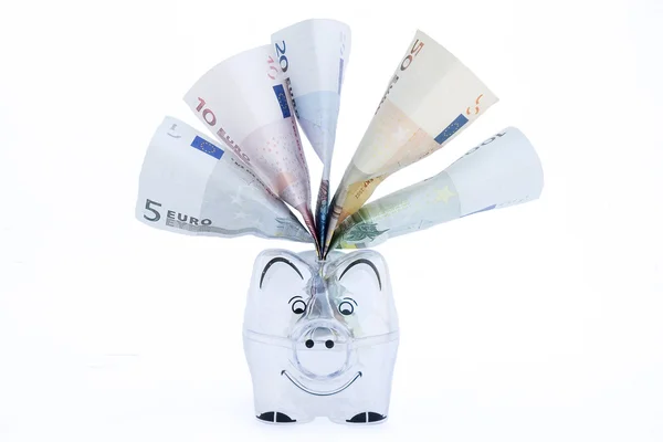 Banco porquinho com notas de euro — Fotografia de Stock