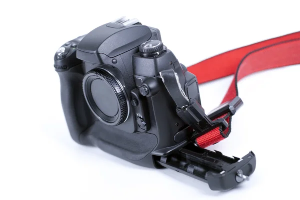 Studioaufnahme einer schwarzen digitalen Slr-Kamera auf Weiß — Stockfoto