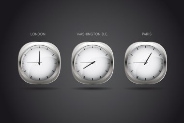 Mechanical clocks displaying time in three big cities (vector) clipart