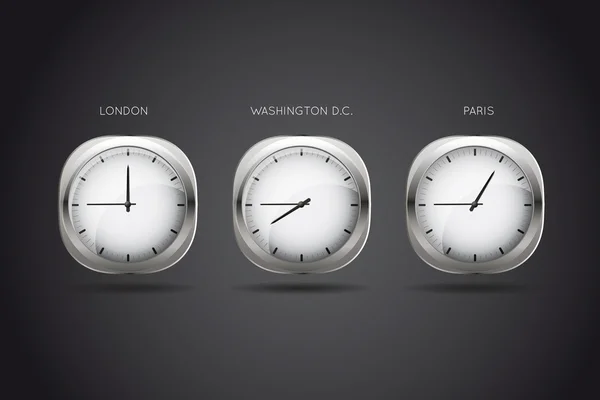 Relógios mecânicos exibindo tempo em três grandes cidades (vetor ) — Vetor de Stock