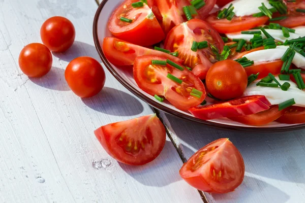 Closeup of salad with tomato and mozzarella — Stock Photo, Image
