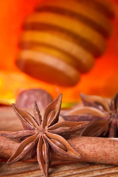 Honey dipper, star anise and cinnamon bark — Stock Photo, Image