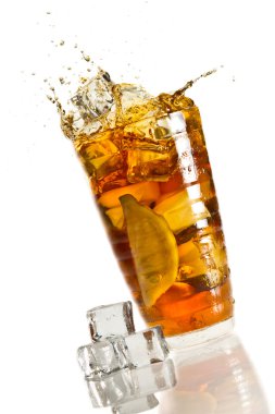 Ice splash in a glass with lemon tea clipart