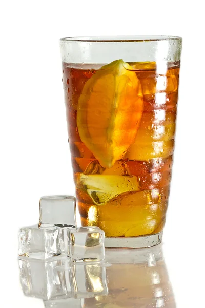 Tree ice cubes and cold tea in glass — Stock Photo, Image