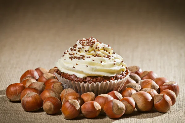 Muffin czekoladowy z kremem waniliowym i mnóstwo orzechów laskowych — Zdjęcie stockowe