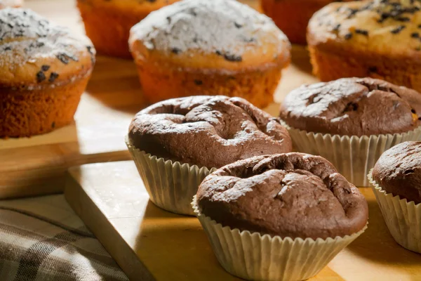 Muffins de chocolate e baunilha em tábua de madeira — Fotografia de Stock