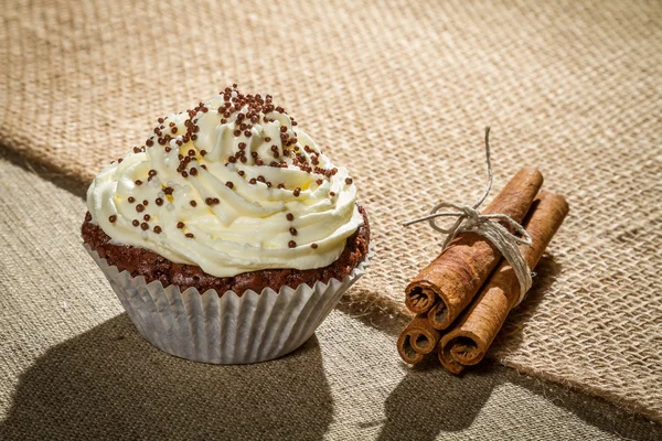 Chocolate muffin with vanilla cream and cinnamon — Stock Photo, Image