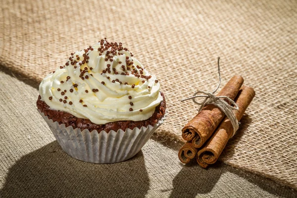 stock image Chocolate muffin with vanilla cream and cinnamon