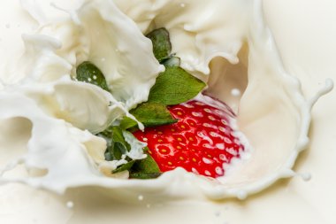 Strawberry falling into milk with a splash clipart