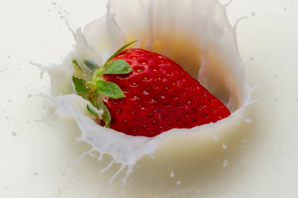 Splash of milk from the falling strawberry — Stock Photo, Image