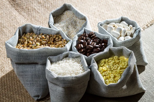 stock image Closeup ingredients food in canvas bags