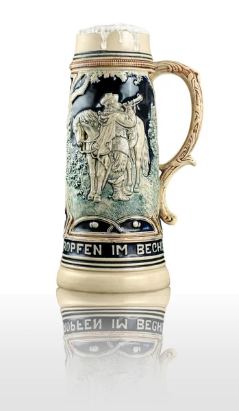Decorative ceramic german beer stein with reflection — Stock Photo, Image