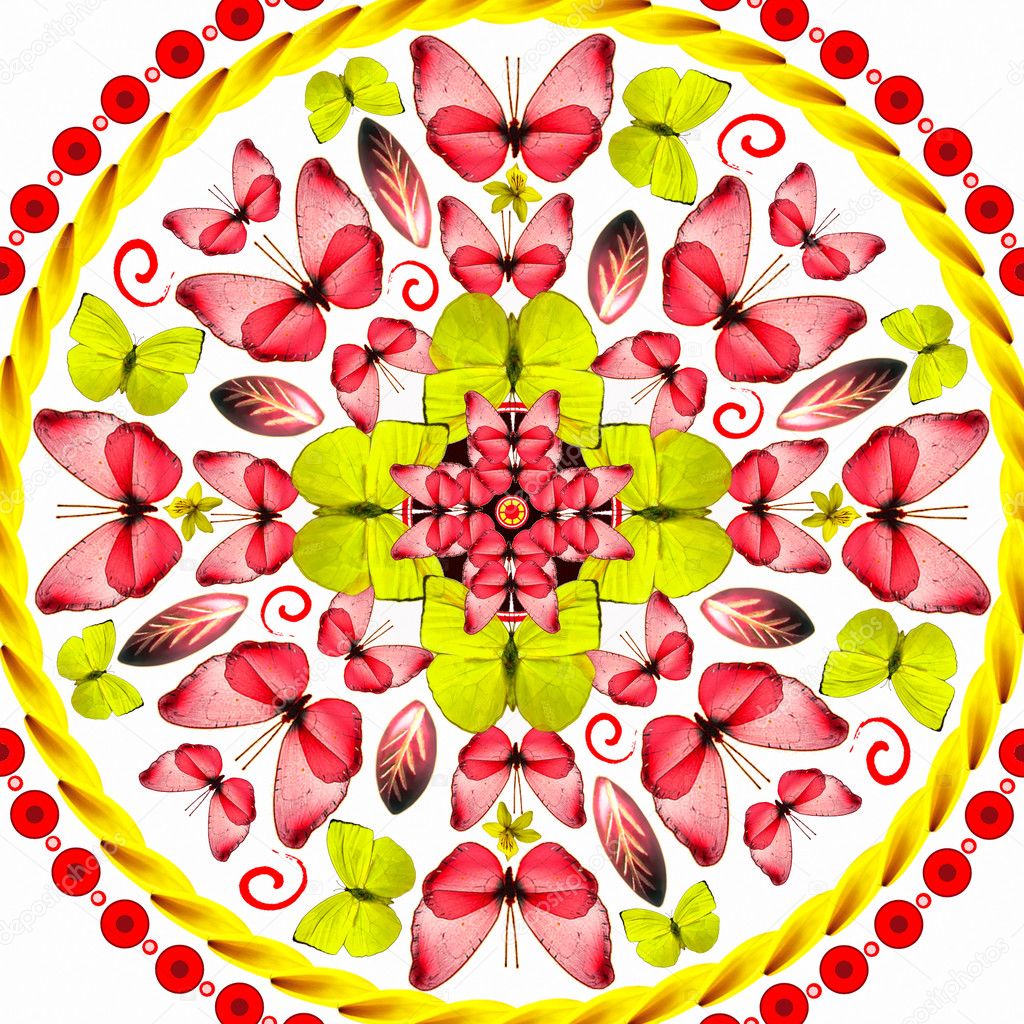 Mandala red butterflies on white background