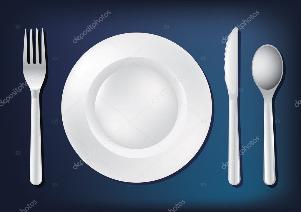 Knife, white plate and fork