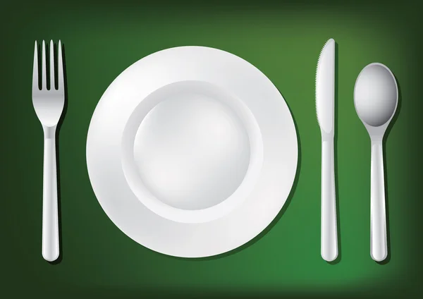 ナイフ、白い皿とフォーク — ストックベクタ