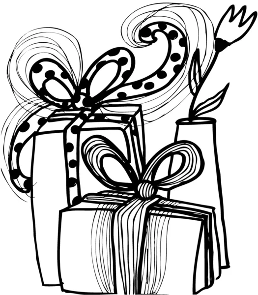 Γελοιογραφία δώρα Χριστουγέννων με ένα βάζο και λουλούδια — Διανυσματικό Αρχείο