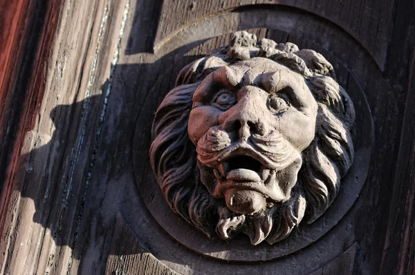 दरवाजे पर शेर की लकड़ी की मूर्तिकला — स्टॉक फ़ोटो, इमेज