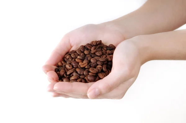 Mulher de mãos dadas em grãos de café, isolado em branco — Fotografia de Stock