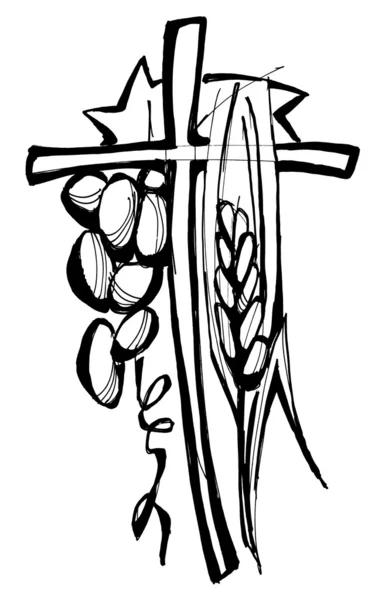 Крест, виноград и кукуруза - иллюстрация — стоковый вектор