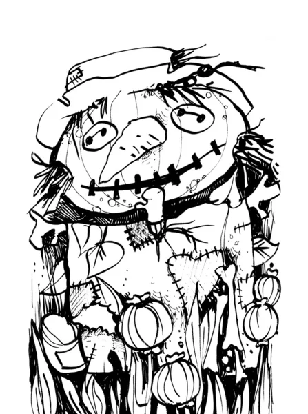 Scarecrow in een veld - vectorillustratie — Stockvector