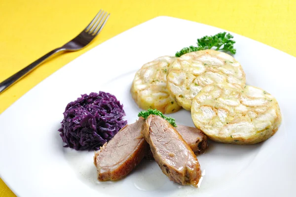 Roasted duck breast with Carlsbad dumplings — Stock Photo, Image