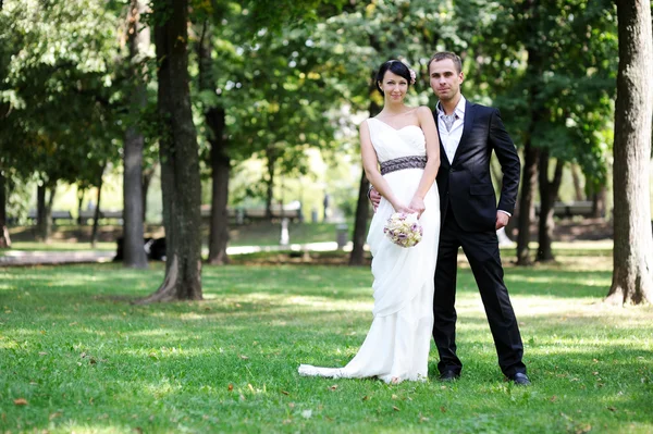 Noiva e noivo posando ao ar livre no dia do casamento — Fotografia de Stock