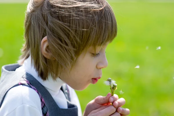 Ένα χαριτωμένο παιδί κορίτσι φυσά μια πικραλίδα — Φωτογραφία Αρχείου