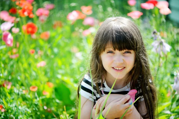 Lächelndes kleines Mädchen auf Mohnfeld — Stockfoto