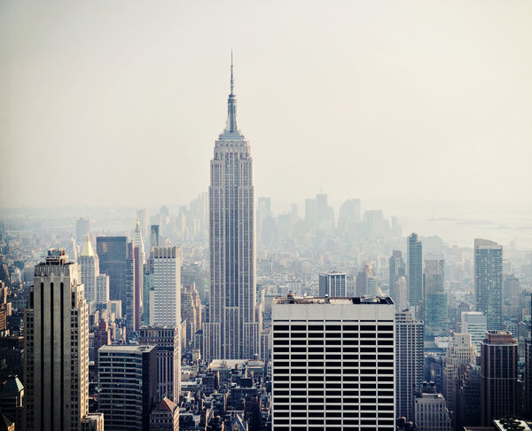 New York City Manhattan skyline aerial view with Empire State building in the fog