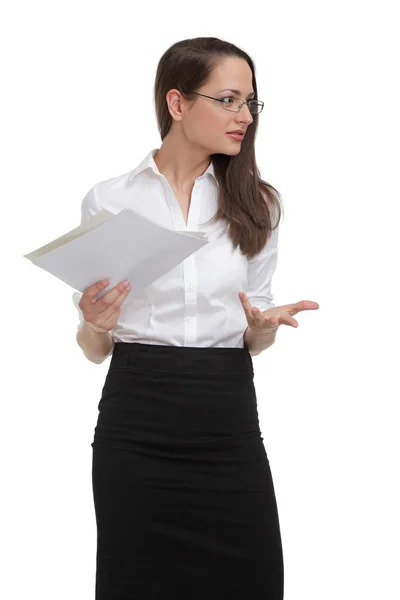 Femme d'affaires stressée avec des papiers gesticulant — Photo