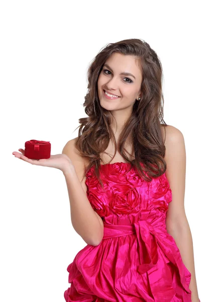 Happy girl with a box in her hand — Stock Photo, Image