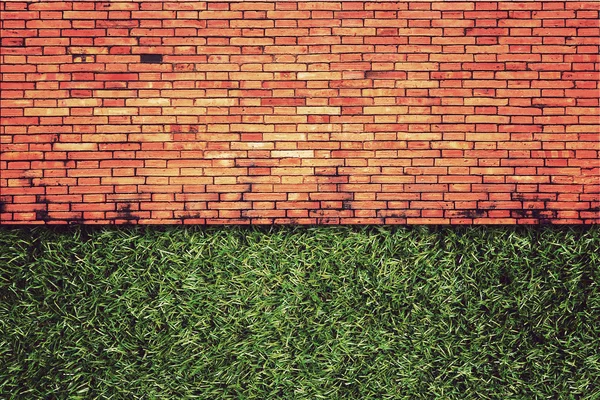 Wall Background on green grass,Vintage style — Stock Photo, Image