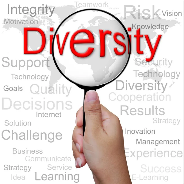 Diversiteit, woord in Vergrootglas, zakelijke achtergrond — Stockfoto