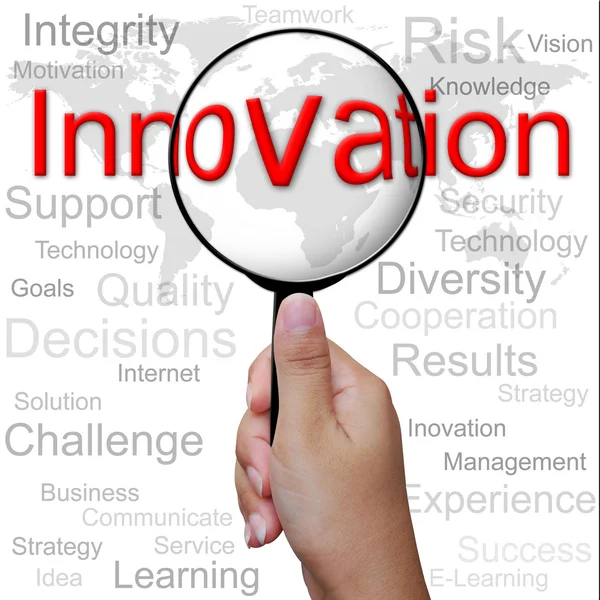 Innovation, Wort in der Lupe, geschäftlicher Hintergrund — Stockfoto