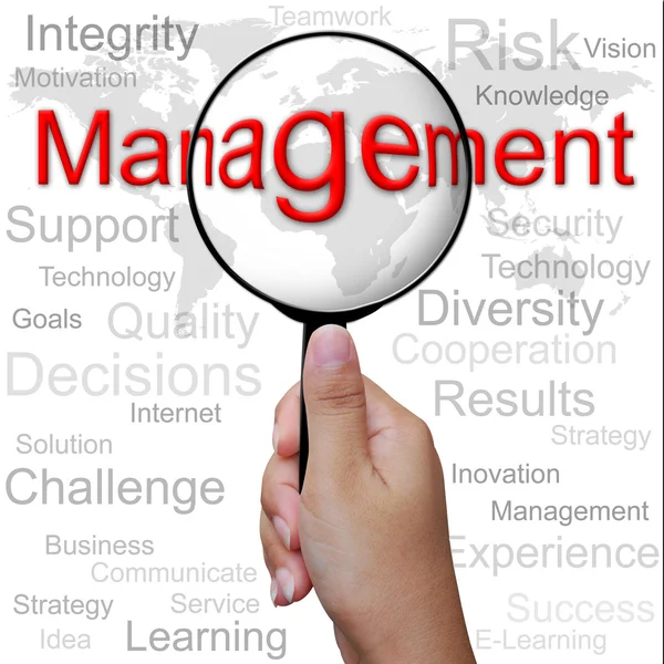 Management, Wort in der Lupe, geschäftlicher Hintergrund — Stockfoto