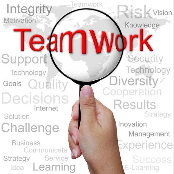 Teamwork, woord in Vergrootglas, zakelijke achtergrond — Stockfoto