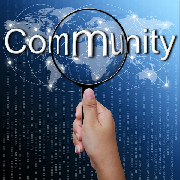 Gemeenschap, woord in Vergrootglas, netwerk achtergrond — Stockfoto