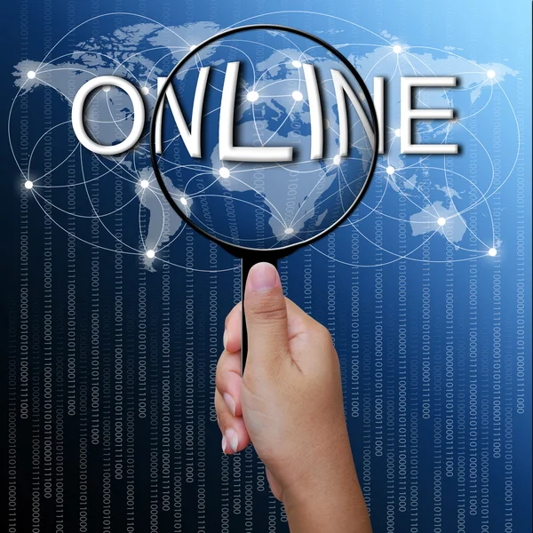 Online, Wort in der Lupe, Netzwerkhintergrund — Stockfoto