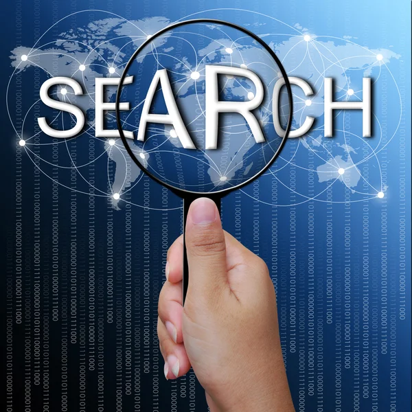Search, word in Magnifying glass,network background — Stock Photo, Image