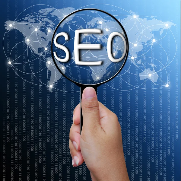 Seo, word in Magnifying glass,network background — Stock Photo, Image