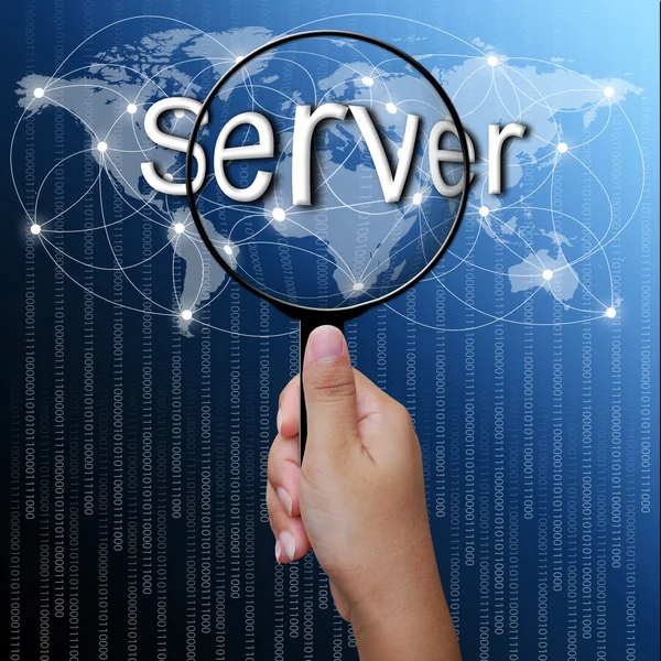 Сервер, слово в увеличительном стекле, сетевой фон — стоковое фото