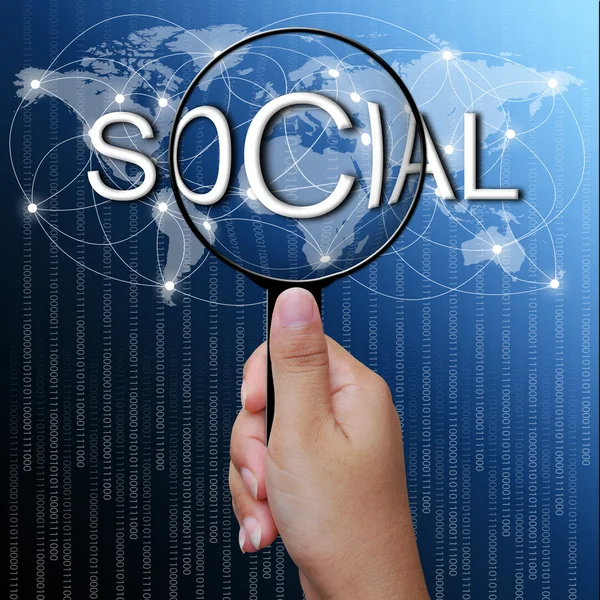Soziales, Wort in der Lupe, Netzwerkhintergrund — Stockfoto
