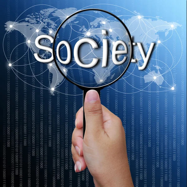Samhället, ord i förstoringsglas, nätverk bakgrund — Stockfoto