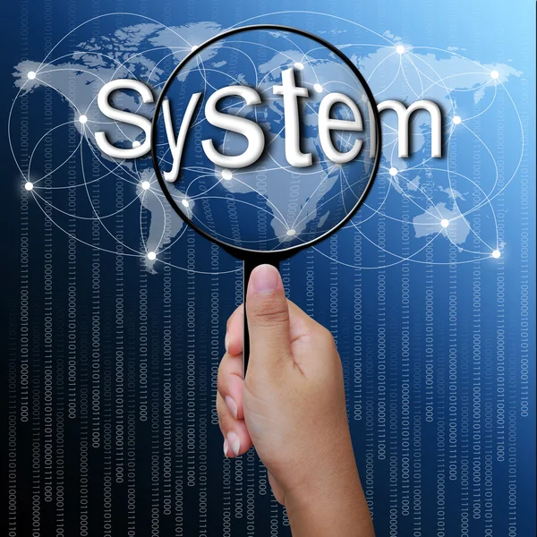 Sistema, parola in lente d'ingrandimento, sfondo di rete — Foto Stock