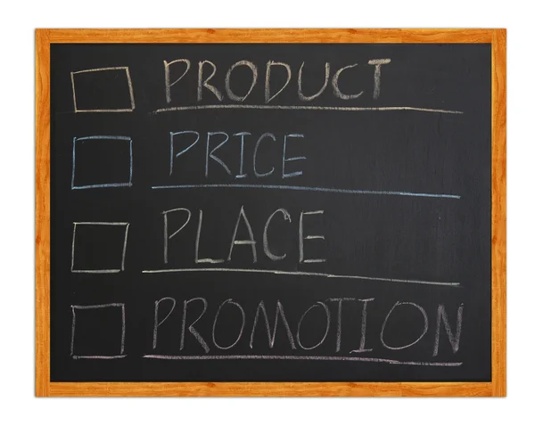 Comercialización 4p, Producto, Lugar, Promoción, Precio en pizarra — Foto de Stock