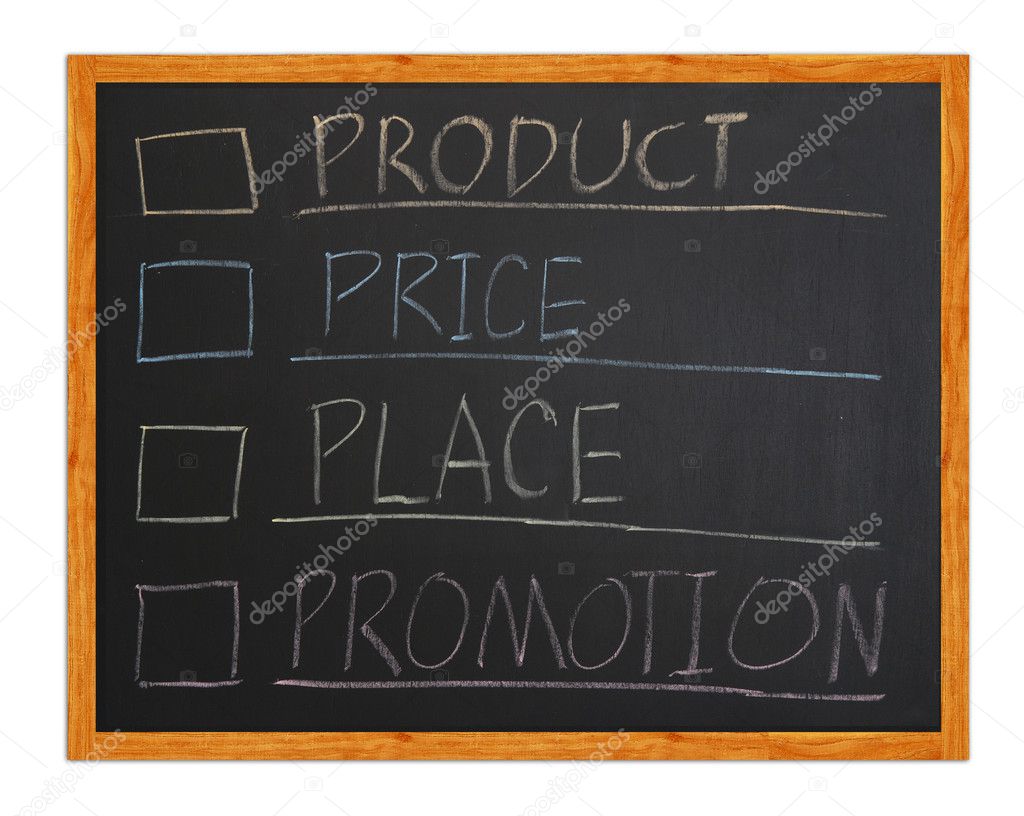 Marketing 4p, Product, Place, Promotion, Price on blackboard
