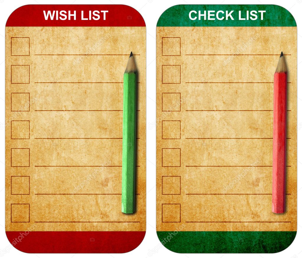 Pencil on Sticky pad wish list and check list form on old note p