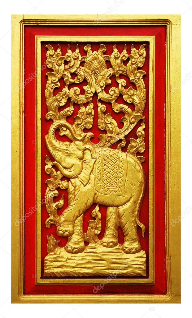 Elephant carved gold paint on door